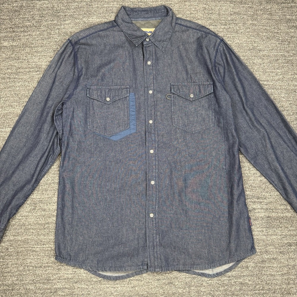 Teva Denim Shirt Men Large Blue Mesh Lining Pearl Snap Fish Camp Hike Outdoor